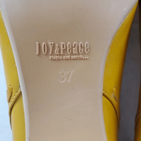 Joy & Peace Leather Heels Yellow Pumps Lattice Detail Stacked Heels Size 37 - Picture 13 of 13